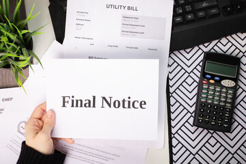 Warning final Notice with Utility Bill, financial document showing overdue cost and unpaid energy...