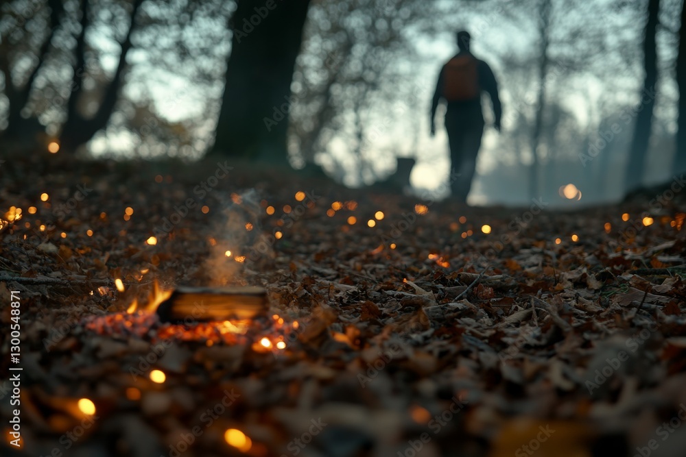 Poster close-up of a campsite with glowing embers from a recently extinguished fire in the foreground, as a