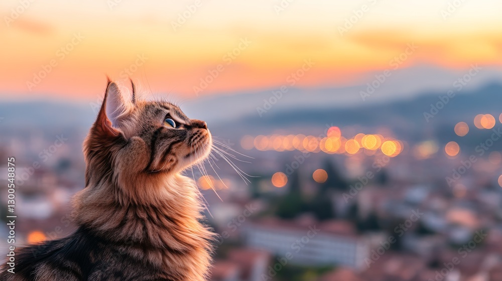 Poster a cat elegantly stretches upward, reaching for a distant glowing light against a soft and dreamy bac