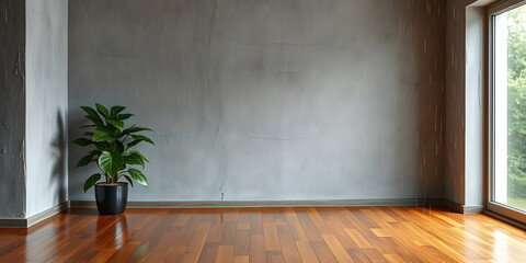 minimalist mockup of a white wall adorned with a vibrant green plant on a polished wood floor,split-color background wall creating a lively and cheerful atmosphere of modern interior design.