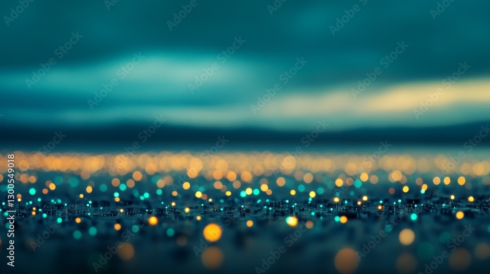 Poster Close-up view captures a circuit board with glowing blue and green LEDs, emphasizing tiny pathways and fine details, with ample space on the right for text