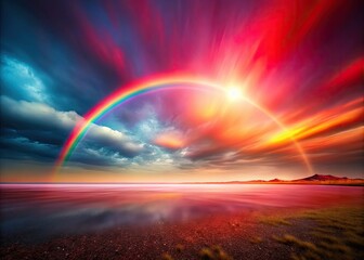 Abstract red-gray gradient blends with iridescent rainbow blur, creating a smooth, landscape-like wallpaper texture.