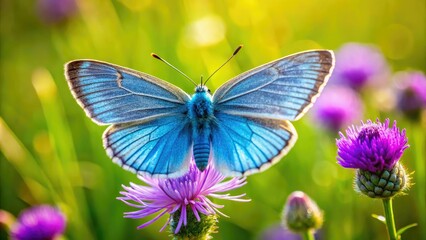 Fototapeta premium A Chalk Hill Blue butterfly delicately rests on knapweed, a summer meadow's vibrant macro portrait.