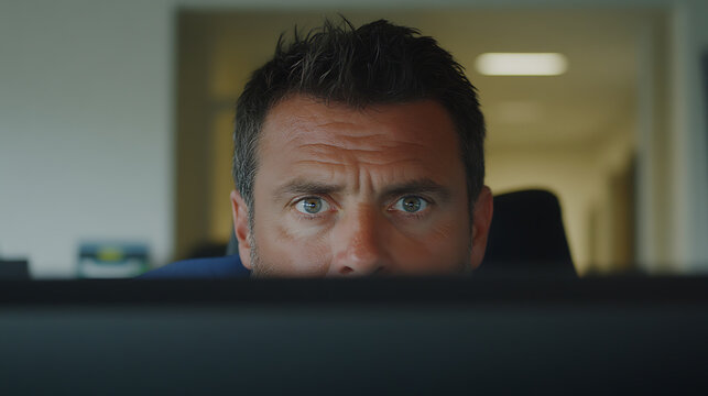 Intense gaze of a man focused on his computer screen. Concentration and determination emanate from his eyes as he tackles a demanding task. - Powered by Adobe