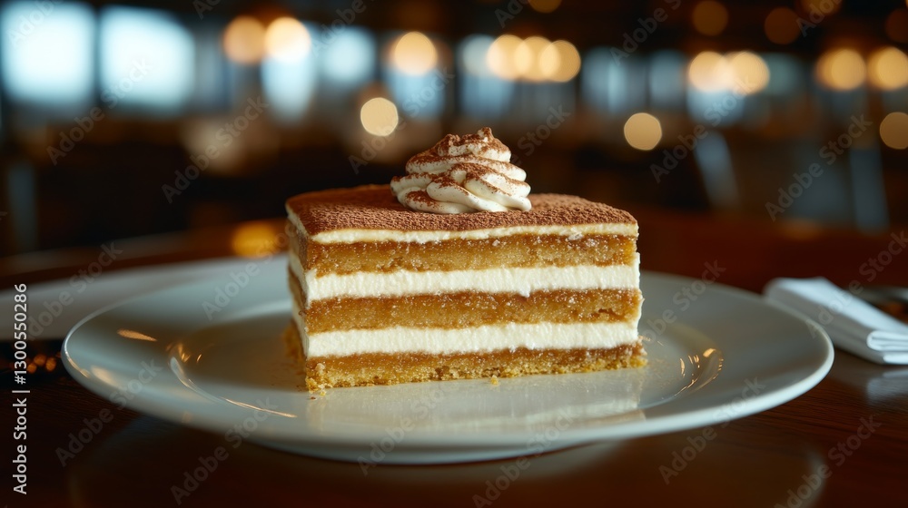 Poster close-up of a tiramisu dessert slice on a plate, featuring creamy layers and coffee flavor, illumina