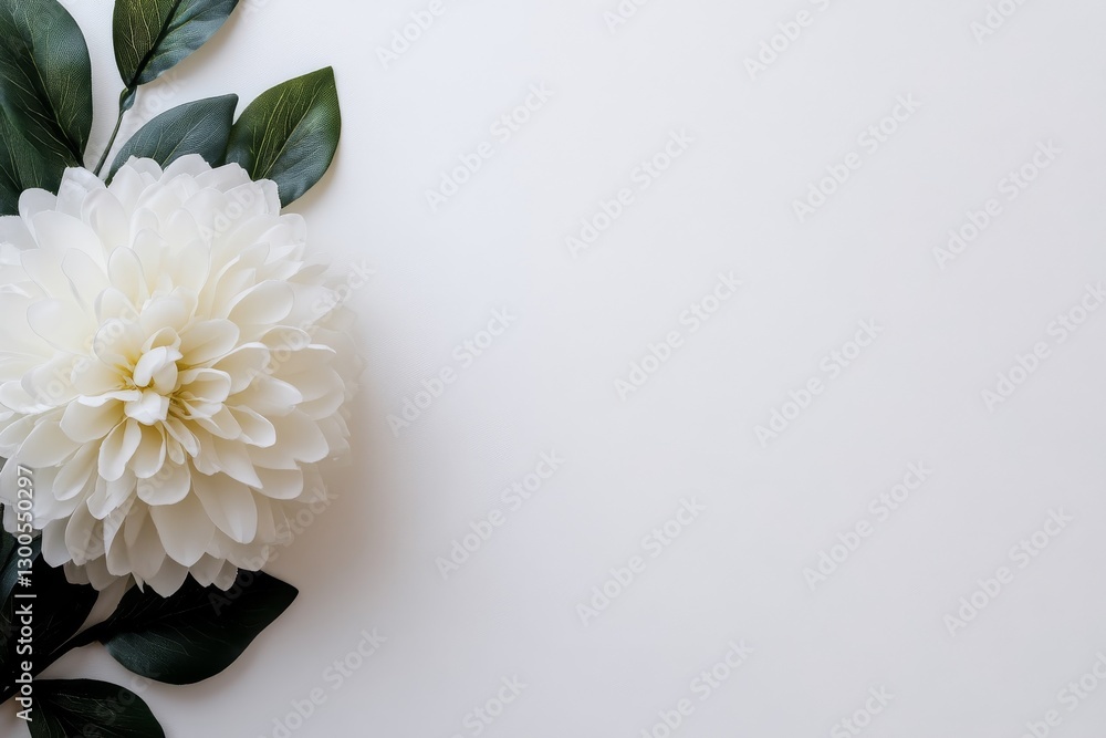 Poster delicate white flower with lush green leaves positioned on a clean white background, creating a sere