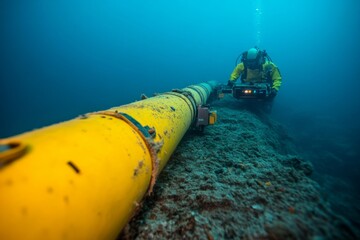 A deep-sea exploration robot diligently inspects a large underwater power transmission cable, showcasing its intricate design and vital role in modern infrastructure