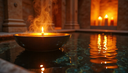 Floating candle in bowl creating steam on water surface during Maundy Thursday service
