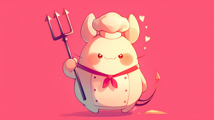 Cute cartoon mouse chef holding a pitchfork, surrounded by hearts on a vibrant pink background