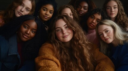 Fototapeta premium A diverse group of individuals engages in skincare rituals, showcasing various skin tones and textures, with a soft rendering effect and copy space available