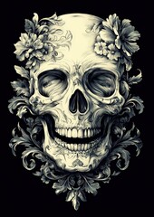 Vintage Floral Skull Illustration with Ornate Botanical Details on Dark Background
