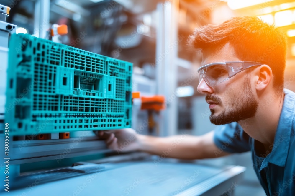 Poster Close-up of a factory worker focusing on machinery components to ensure functionality and quality control in a high-tech industrial environment
