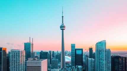 Obraz premium Captivating Cityscape with Towering Skyscrapers and Vibrant Sunset Hues Carbon Tax concept.