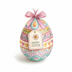 Elegantly painted easter egg adorned with a delicate bow and blank label, isolated on a clean white background