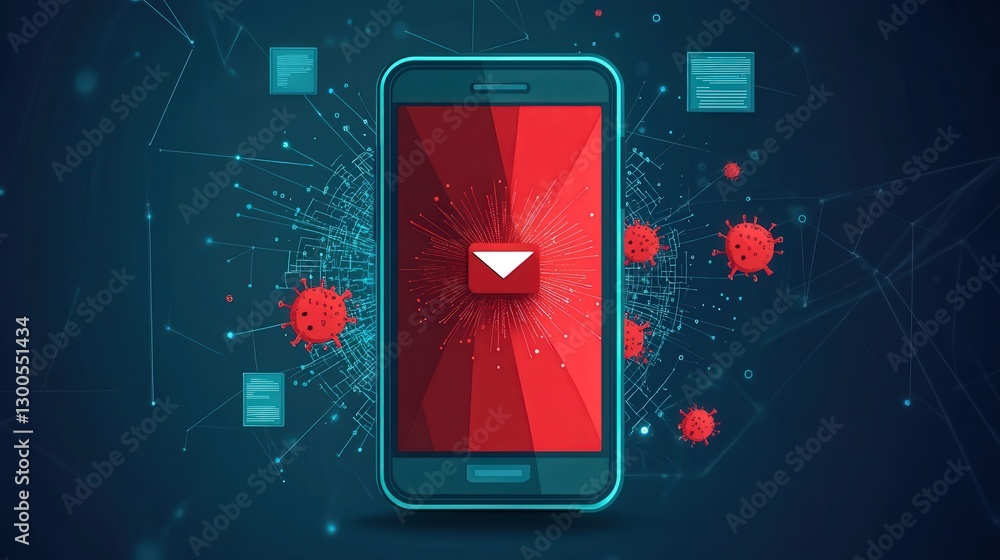 Poster a mobile interface warning about sms spam and fake phishing messages, displaying a system hack red a