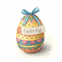 Elegantly painted easter egg adorned with a delicate bow and blank label, isolated on a clean white background