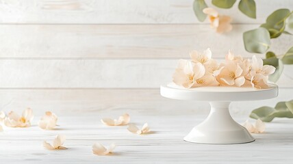 Elegant pastel flowers on pedestal with rustic wood backdrop, serene and minimalistic nature design.