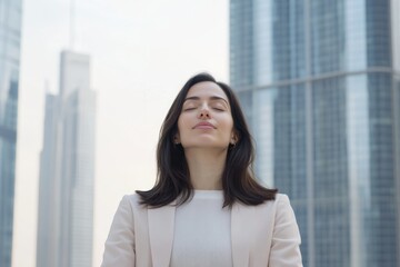 Fototapeta premium Professional woman enjoying a moment of peace in an urban high-rise environment during early morning light