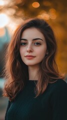 Naklejka premium Portrait of a Young Woman with Long Brown Hair