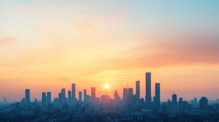 Obraz premium Majestic Cityscape at Dusk with Vibrant Sunset over Towering Skyscrapers Carbon Tax concept.