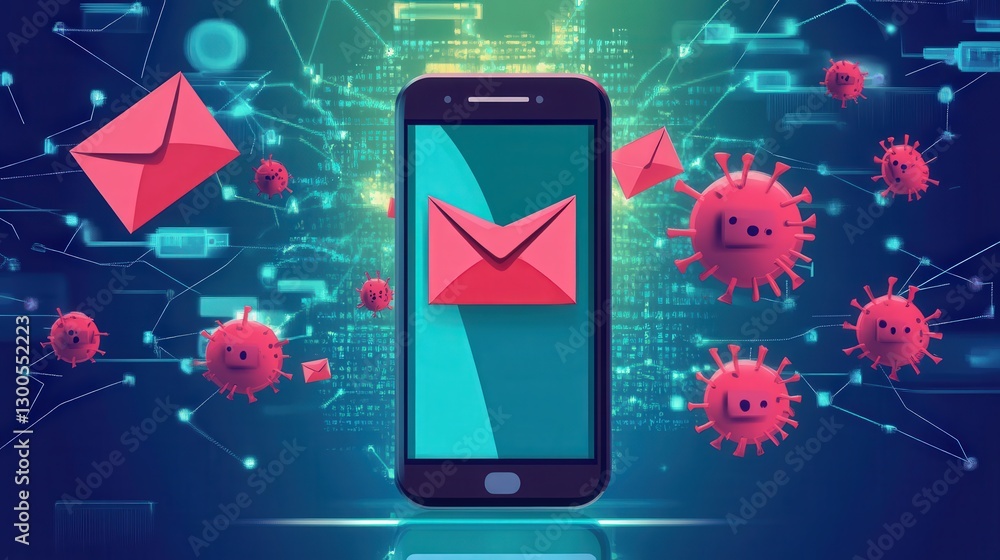 Poster mobile phone screen with sms spam warnings, phishing attempts, and an alert for a hacked email. malw