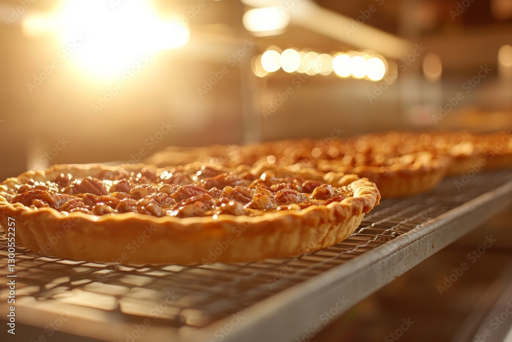 Poster a close-up of a pecan pie cooling on a wire rack showcases its flaky crust and rich filling while su