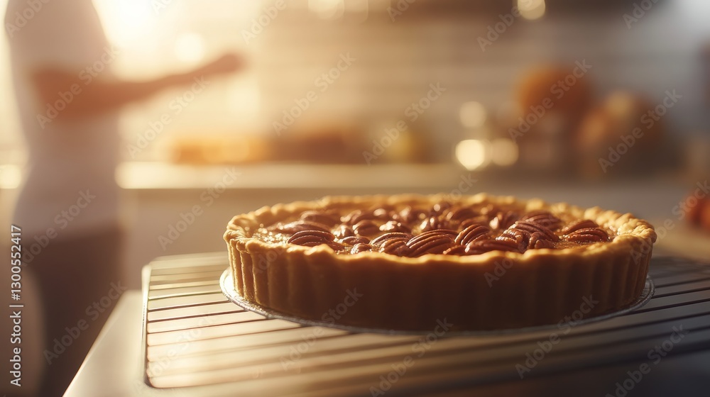 Poster close-up shot features a freshly baked pecan pumpkin pie on a wire rack, set in a rustic kitchen wit