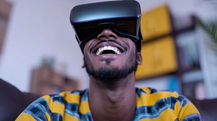 A man sits comfortably on a couch, wearing a virtual reality headset and smiling broadly, fully engaged in his immersive gaming experience