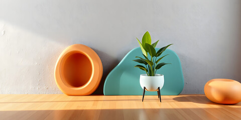 minimalist mockup of a white wall adorned with a vibrant green plant on a polished wood floor,split-color background wall creating a lively and cheerful atmosphere of modern interior design.