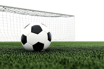 The iconic black and white soccer ball sits on the pristine green artificial grass of the pitch, with the goal net visible in the background
