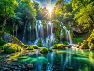 Obraz premium Cascading water thunders down rocky cliffs, a breathtaking waterfall in lush green forest.