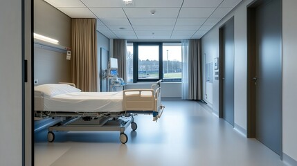 modern healthcare facility with modular structures, allowing for flexible spaces that can be adapted to the changing needs