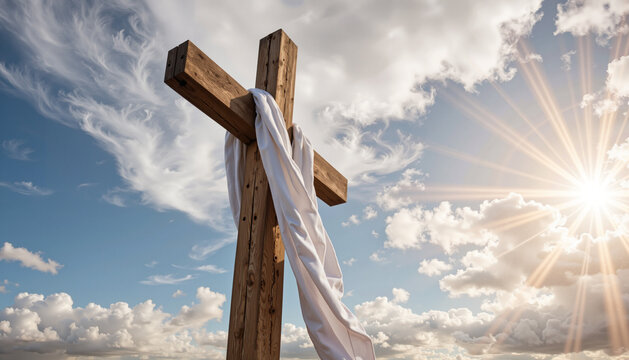 Wooden cross with white cloth against cloudy sky, symbol of faith, Easter