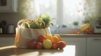 kitchen table with a grocery bag filled with fresh fruits like apples, bananas, and oranges, as well as vegetables like tomatoes and spinach.