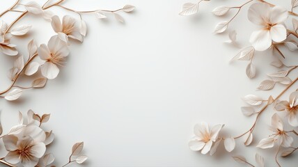 Elegant white and beige flowers frame a blank background, creating a serene and minimalistic floral composition.