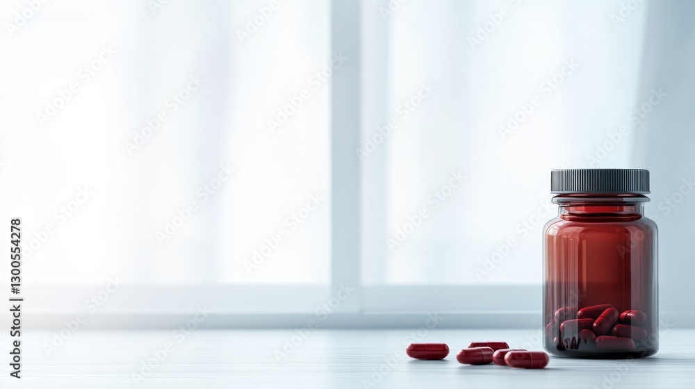 Poster This composition features a pill bottle prominently displaying its label, surrounded by a few pills on a clean surface, with a soft light creating gentle shadows