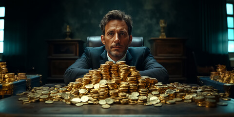 In a dimly lit office, a businessman contorts into a serpent-like form, surrounded by a mountain of shimmering gold coins, revealing the dangers of unbridled greed and loss of integrity