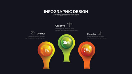 Business 3 option infographic presentation vector 3D colorful balls illustration. Company statistics information graphic visualization template Corporate marketing analytics data report design layout.