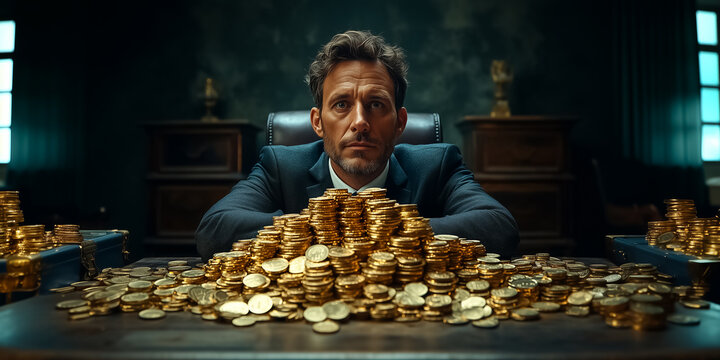 In a dimly lit office, a businessman contorts into a serpent-like form, surrounded by a mountain of shimmering gold coins, revealing the dangers of unbridled greed and loss of integrity