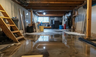Flooded basement water reflecting light from the window.