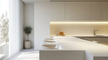minimalist kitchen with white counters and a folding screen near a white wall