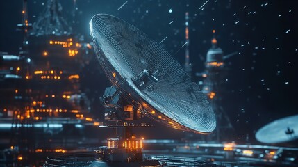 A Futuristic Space Stations Glowing Satellite Dish Receiving Cosmic Signals Amidst A Starry Night, Rendered In Vibrant, Ethereal Digital Art
