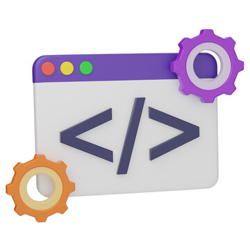 3D illustration of a coding browser window featuring HTML brackets and colorful gears, symbolizing web development and programming concepts.
