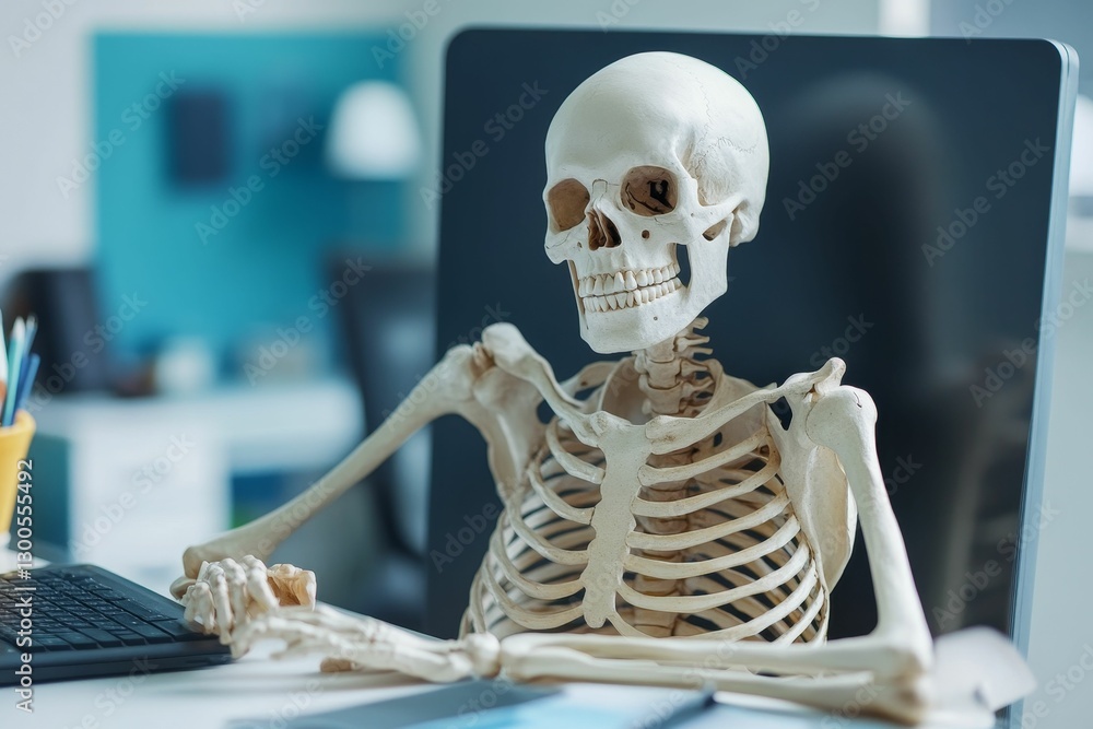 Poster skeletal office worker toiling away at desk on computer.