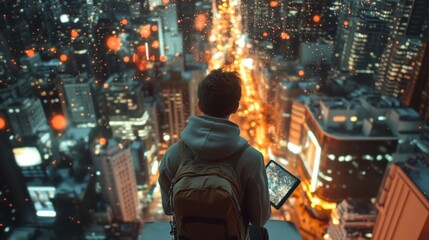 Obraz premium A drone hovers above a bustling urban landscape capturing stunning aerial shots as a focused photographer views the live feed on a tablet showcasing the intricate patterns of streets