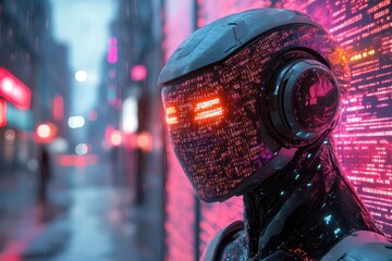 a humanoid robot dissolving into streams of binary code set against a neon city backdrop with electric purple and cyan lighting