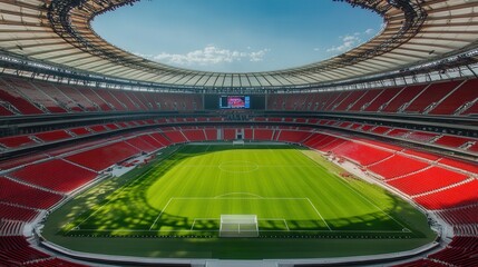 stadium that blends traditional sports elements with innovative design, such as retractable roofs and digital scoreboards