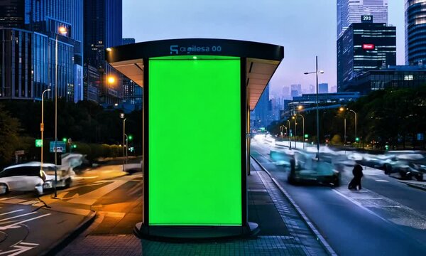 Time-lapse video of city street modern bus stop with a large digital advertising billboard green screen mockup. Vertical light display on the street with cars passing by from daylight to night time.