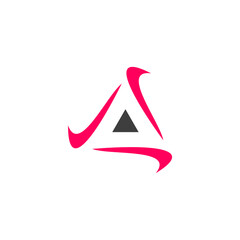 The image features a stylized, abstract letter "A" logo. The "A" is formed by three curved, pink or magenta lines that create a triangular shape. Within the center of the "A" is a solid, dark triangle