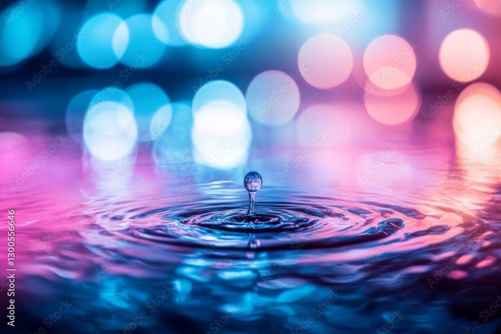 Aufkleber A close-up shot captures a water drop reflecting colorful neon lights, creating an artisan feel with soft bokeh in the background and ample copy space